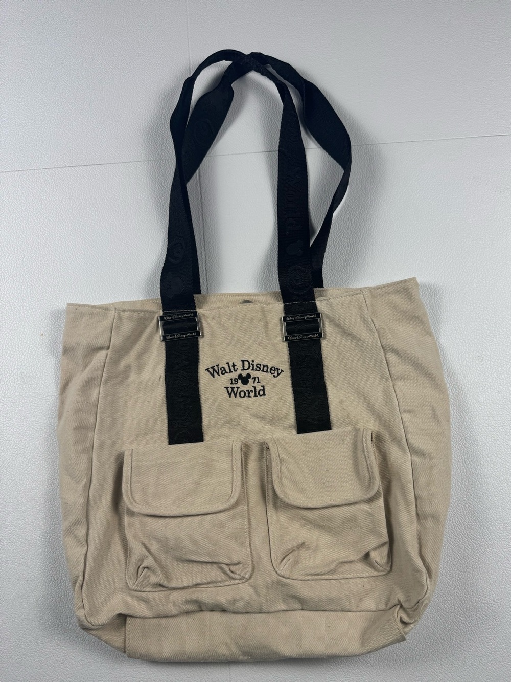 Walt Disney World 1971 Canvas Tote Bag Beige Black Mickey Embossed Straps